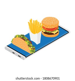 Phone with app delivery fast food screen. Burger, french fries and taco on smartphone screen