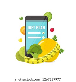 Phone with app of diet plan, orange, broccoli, vegetables and measuring tape. Diet plan concept for banners, web mobile design. Vector illustration.