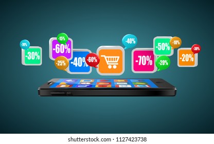 Phone with app icons. Mobile buying. Internet shopping or commerce concept. Vector illustration