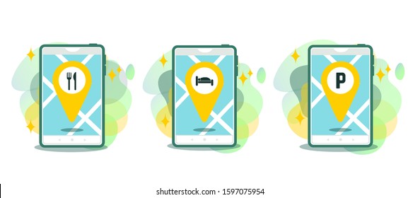 The phone app of location searching. Concept design of the location pin. Small people and big object. Restaurant, hotel/hostel, parking icons set