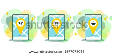 The phone app of location searching. Concept design of the location pin. Marketplace concept. Small people and big object. Market, wifi, cafe icons set