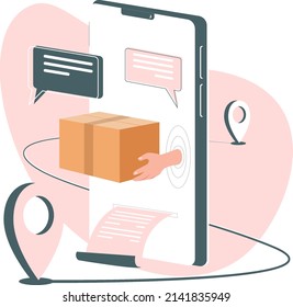 Phone app for ordering goods from a delivery service . Online order management with a mobile app. The concept of a delivery service. Stock vector illustration