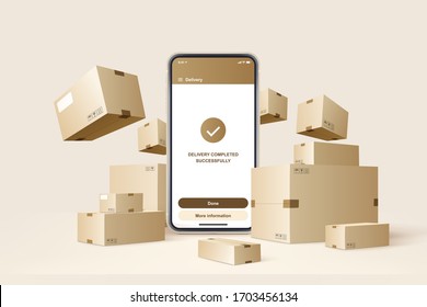 Phone With APP Parcel Delivery. Brown Boxes With Shadow And Mobile. Concept Vector Illustration