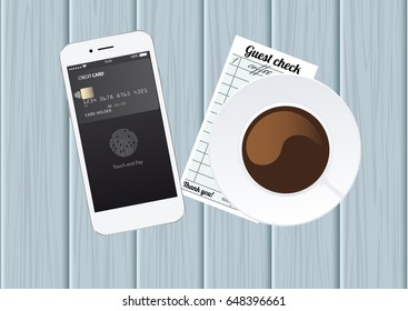 Phone with app for pay with touch identification. Check payment in cafe. Vector illustration