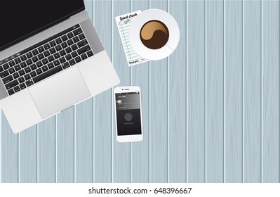 Phone with app for pay with touch identification. Check payment in cafe. Vector illustration