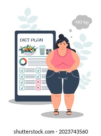 A phone with an app for planning a diet. A sad obese girl follows a diet for weight loss with healthy food, vegetables and fruits. Diet, weight loss. Nutritionist online. Vector
