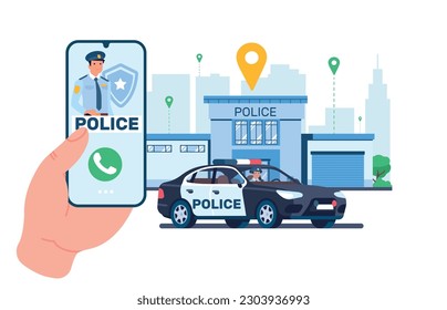 Phone app to quickly call police. Smartphone application, patrol automobile with flashing lights and station building, policemen in auto, hand hold mobile cartoon flat