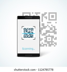 Phone with app scan QR code on screen. Vector illustration isolated on white background