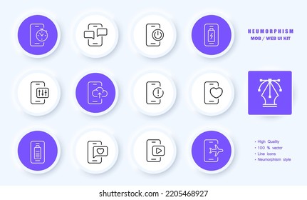 Phone app set icon. Clock, stopwatch, messenger, power button, battery charge, settings, cloud storage, social media, like button, watch video, plane. Technology concept. Neomorphism. Vector line icon