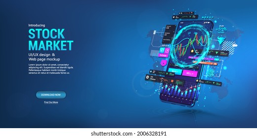 Phone with App for stock market trading like forex. Trade through the application on the phone. Stock exchange - mobile app concept. Application dashboard with graphic and chart for a trader. Vector