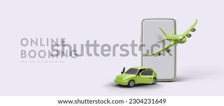 Phone application for booking tickets online. Travel by different vehicle. Flights and relocations. Vector advertisement with 3D plane, car, smartphone. Modern way to buy tickets in advance