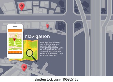 Phone Application City Map Navigation Search Street With Pins Icons Flat Vector Illustration