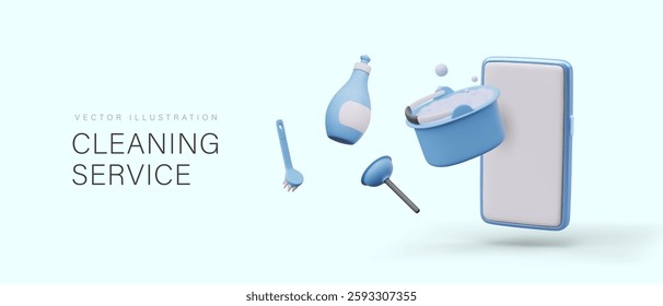 Phone application of cleaning service. Realistic smartphone with blank screen, bucket with soap suds, plunger, toilet brush, bottle for liquid detergent. Blue banner advertising