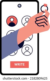 Phone application design for dates and marriage. Flat vector illustration with hand, ring and phone app