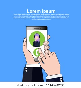 phone application hand hold gudget arab call center headset agent woman bubble client support online operator, customer and technical service icon, chat concept, copy space flat design