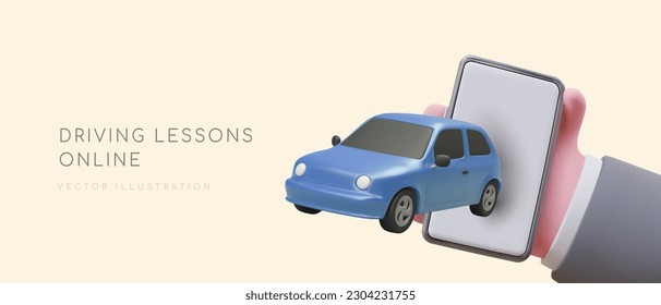 Phone application for learning traffic rules. All traffic signs in phone. 3D smartphone, car. Passenger transportation driver training. Advertising poster for online education