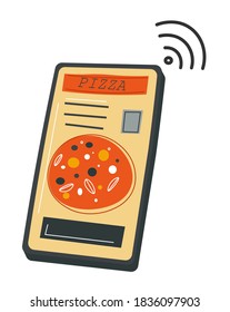 Phone application with pizza assortment, menu and prices. Ordering food online via smartphone in internet. Delivery to home, takeaway meal and dishes. Selling Italian cuisine, vector in flat style