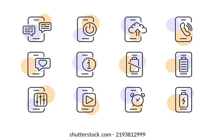 Phone applications set icon. Messenger, power button, cloud storage, sync, social network, battery charge, control panel, sliders, watch video, alarm. Technology concept. Vector line icon for Business