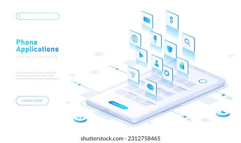 Phone applications white banner. Mobile programs and software. Development of applications for smartphones. Landing page design. Modern technologies and digital world. Isometric vector illustration