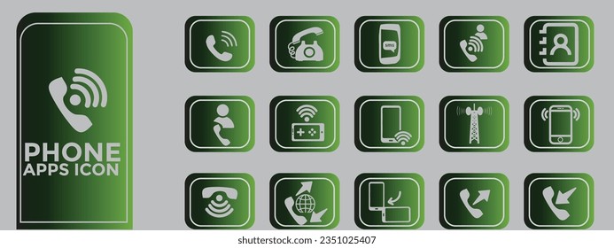 Phone apps gradient icon set. Containing mobile, calling, contact, message, communication, call, cellular, vibrate, and more. Collection of telephone solid dark green gradient icons.