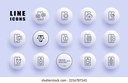 Telefonapplikationen Set Symbol. Messenger, Betriebsschalter, Cloud-Speicher, Anruf, soziale Medien, Bedienfeld, Video-Player, Wecker, Akku-Zustand. Technologiekonzept. Neomorphismus-Stil. Vektorliniensymbol.