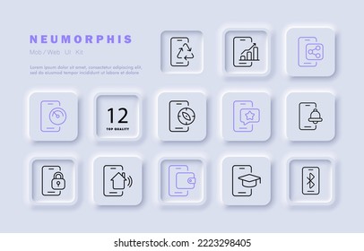 Icono de conjunto de aplicaciones de teléfono. Educación en línea, aprendizaje a distancia, casa inteligente, cartera, candado, banca, seguridad, campana, velocidad, brújula, comunicación, estrella. Concepto tecnológico. Estilo neomorfista