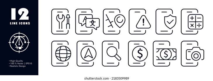 Phone apps set icon. Screwdriver, wrench, translator, navigator, protection, shield, calculator, internet, map, search, magnifier, banking, camera. Service concept. Vector line icon for Business.