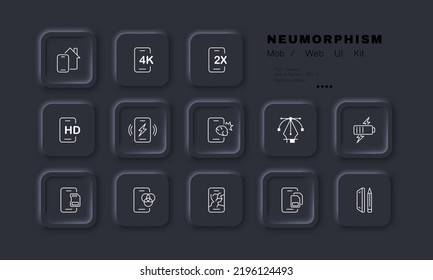 Phone apps set icon. Smart home system, 4K, 2X, HD, lightning, battery charge, memory card, color scheme, navigator, SIM card, stylus. Technology concept. Neomorphism. Vector line icon for Business.