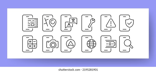 Phone apps set icon. Ticket, navigator, translator, settings, warning sign, security system, calculator, camera, map, internet, banking, magnifier. Technology concept. Vector line icon for Advertising