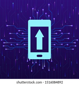Phone, arrow up, upload new technology vector icon. New mobile technology concept vector illustration. Phone, arrow up, upload new technology vector icon