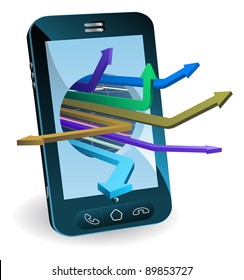 Phone with arrows coming out of screen. Technology concept.