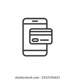 Phone with a bank card, icon in line design. Phone, bank, card, payment, mobile, finance, transaction on white background vector. Phone with a bank card editable stroke icon