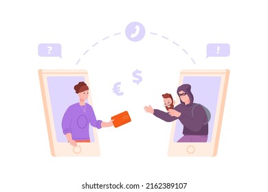Phone bank scammer. Extortion money from credit debit card, protecting swindle attack on call or online banking app, financial fraud mask vector illustration. Scammer and phishing fraud, scam phone