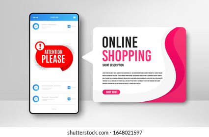 Phone banner template. Attention please badge. Warning chat bubble icon. Special offer label. Social media banner with smartphone screen. Online shopping web template. Vector