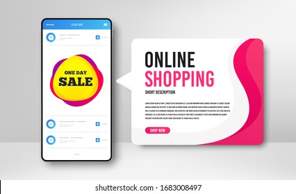 Plantilla de banner de teléfono.Un día de venta de placa. Forma de banner de descuento. Icono de burbuja de cupón. Banner de medios sociales con pantalla de smartphone. Plantilla web de compras en línea. Insignia de promoción de venta diaria. Vector