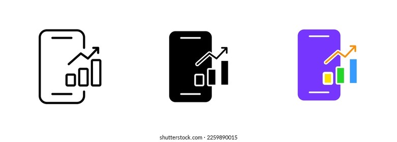 Phone with bar graph. Arrow up, growth, robot online, exchange, currency, money, statistics, data analysis. Vector set icon in line, black and colorful styles isolated on white background