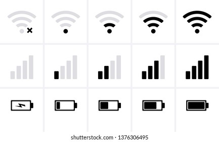 Phone Bar Status Icons, Battery Icon, Wifi Signal Strength. Vector For Mobile Phone