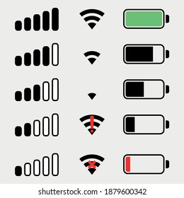 Phone bar status Icons, battery Icon, wifi signal strength. Vector for mobile phone