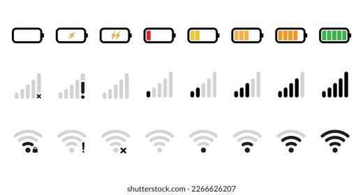 Phone bar status Icons, battery Icon, wifi signal strength. Battery mobile network and wifi colored icon symbol set. Fast charge, mobile network bars, empty battery, full charge, 50% charge wifi icon.