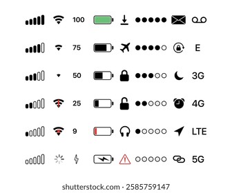 Phone bar status Icons, battery drain in green, Mobile indicator of time, Wi-Fi signal.