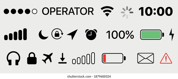 Phone bar status Icons. mobile icons GUI design set status bar icons battery life icons. Status bar icon set. Vector illustration