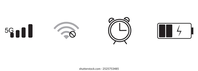 Ícones de status da barra de telefone Ícones móveis Projeto da GUI definir ícones da barra de status ícones de vida útil da bateria. Conjunto de ícones da barra de status. eps 10