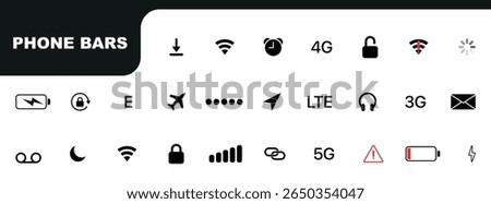 Phone bar status Icons. mobile icons GUI design set status bar icons battery life icons. Status bar icon set. Vector illustration