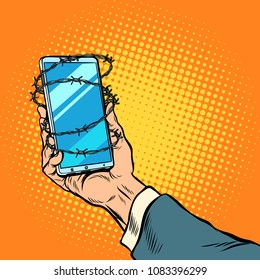 Phone Barbed Wire In Hand. Concept Of Freedom Online Internet Censorship Bans. Pop Art Retro Vector Illustration Comic Cartoon Kitsch Vintage Drawing