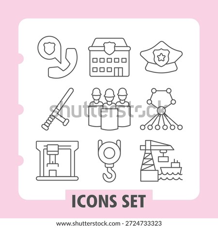 Phone, bat, industry simple icons set featuring tools, security, teamwork and industry items in outline style for web apps and print on white background. Vector graphics. Set of nine thin line icons