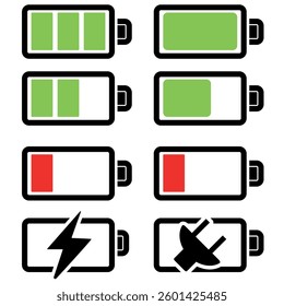 Phone battery charge amount,  mobile power with full charge, no charge and charging icons