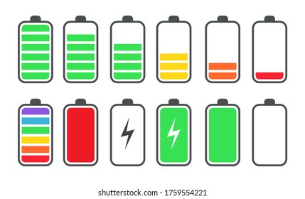 Phone battery charge status flat symbols set. Charge or recharge indicator, power loading isolated vector illustration collection. Smartphone UI symbols concept