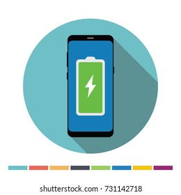 Phone with battery flat icon with long shadow. Vector Illustration.