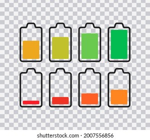 Phone battery icons isolated on transparent background. Flat icon symbol charging telephone battery. Vector.