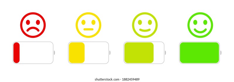 Juego de iconos de la batería del teléfono. Icono indicador de carga de batería para Smart Device. Nivel de energía de la batería. Icono de carga de la batería del teléfono. Grado de satisfacción con los sentimientos. Vector moderno.